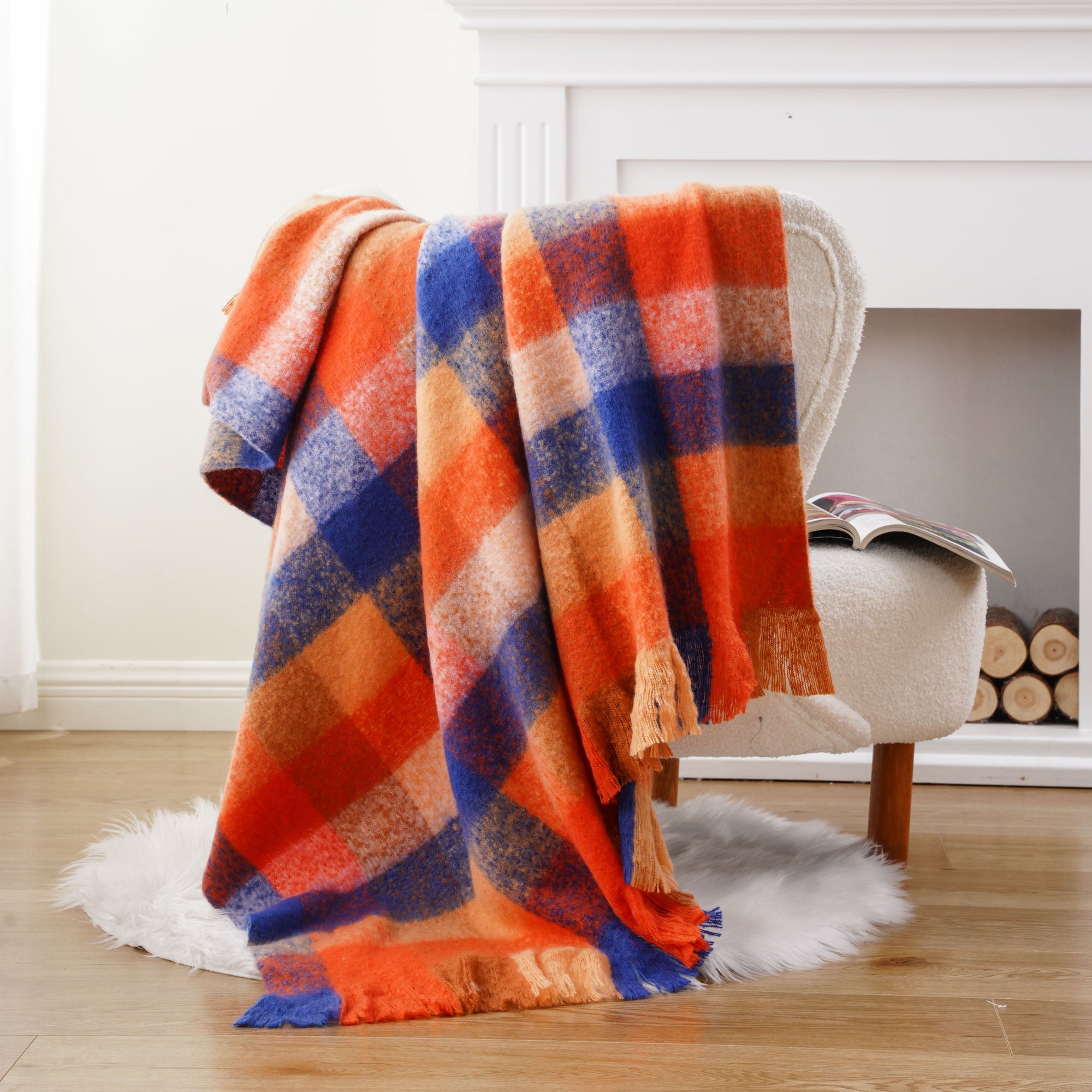 Multi-Orange Mohair Plaid Blanket